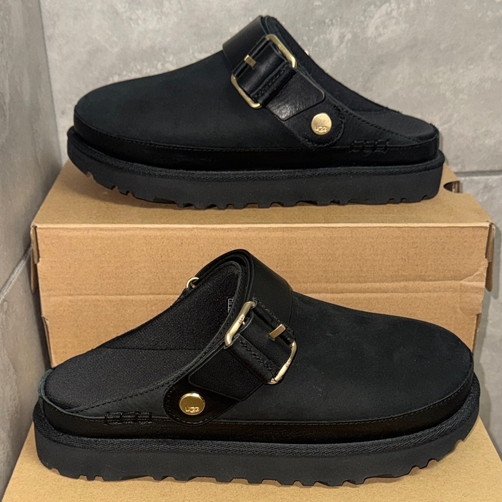 UGG Black Slip-On Clogs with Gold Accents. New, never worn only tried
